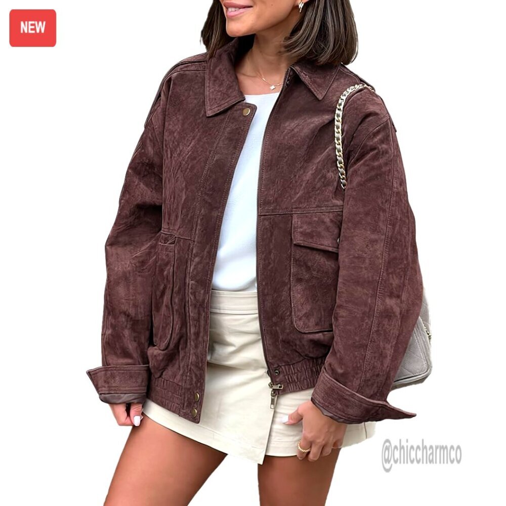 Vintage Faux Suede Bomber Jacket Cropped Biker Moto Style Oversized Fit - Picture 1 of 5